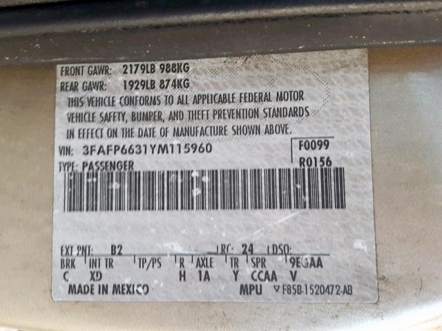 3FAFP6631YM115960 - 2000 FORD CONTOUR SE GOLD photo 10