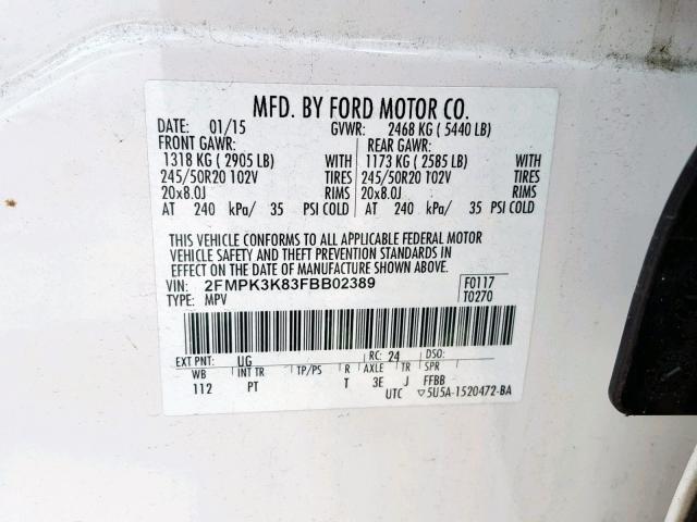 2FMPK3K83FBB02389 - 2015 FORD EDGE TITAN WHITE photo 10