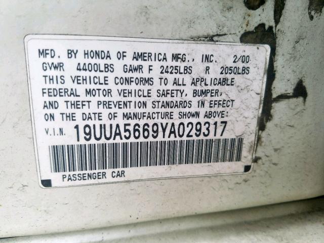 19UUA5669YA029317 - 2000 ACURA 3.2TL WHITE photo 10