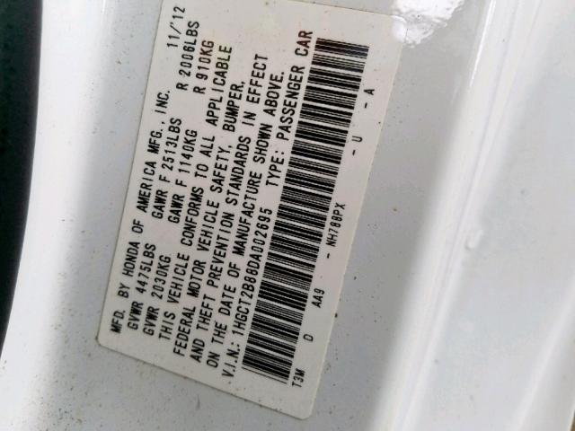 1HGCT2B88DA002695 - 2013 HONDA ACCORD EXL WHITE photo 10