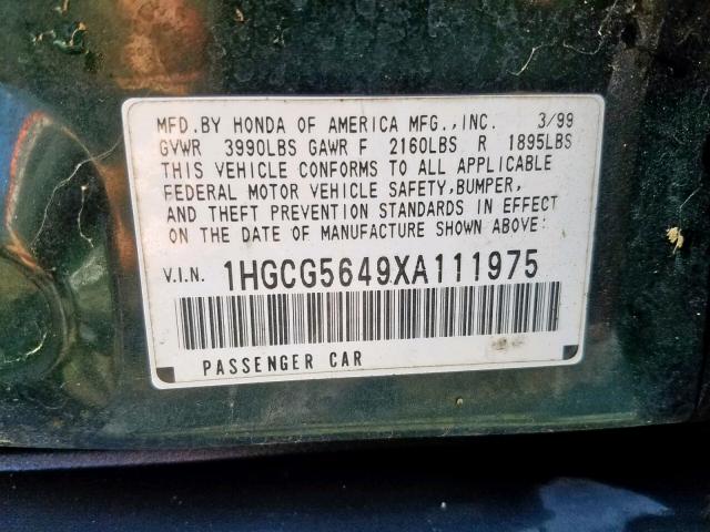 1HGCG5649XA111975 - 1999 HONDA ACCORD LX GREEN photo 10