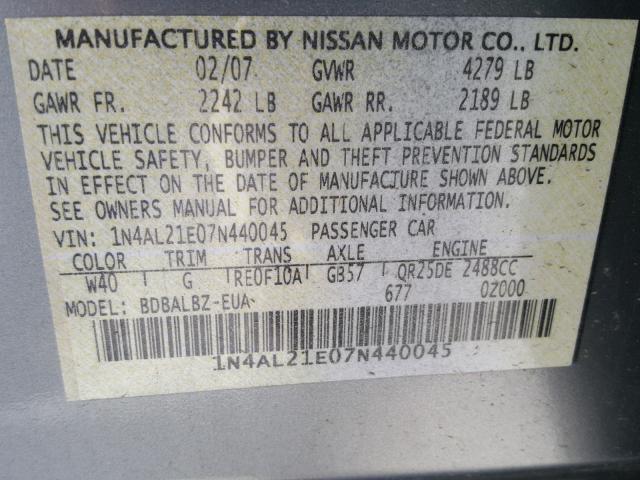 1N4AL21E07N440045 - 2007 NISSAN ALTIMA 2.5 GRAY photo 10