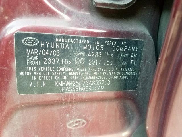 KMHWF25H73A855713 - 2003 HYUNDAI SONATA GL MAROON photo 10