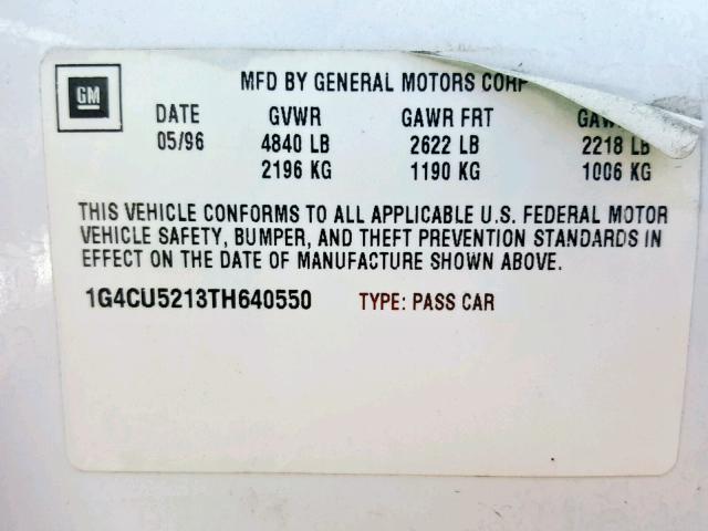 1G4CU5213TH640550 - 1996 BUICK PARK AVENU WHITE photo 10