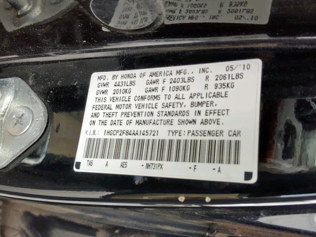 1HGCP2F84AA145721 - 2010 HONDA ACCORD EXL BLACK photo 10