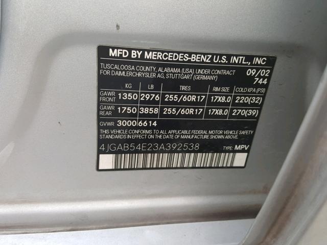 4JGAB54E23A392538 - 2003 MERCEDES-BENZ ML 320 SILVER photo 10