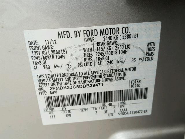 2FMDK3JC5DBB29471 - 2013 FORD EDGE SEL SILVER photo 10