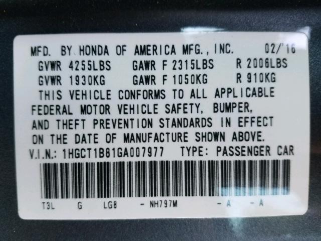 1HGCT1B81GA007977 - 2016 HONDA ACCORD EXL GRAY photo 10