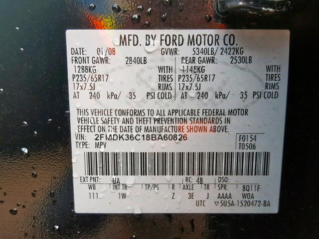 2FMDK36C18BA60826 - 2008 FORD EDGE SE BLACK photo 10