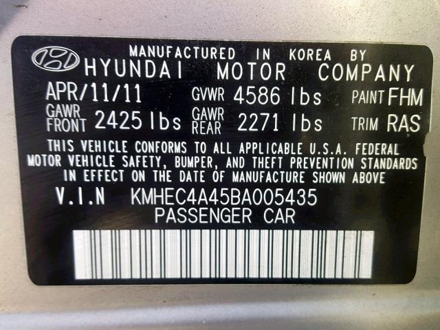 KMHEC4A45BA005435 - 2011 HYUNDAI SONATA HYB SILVER photo 10