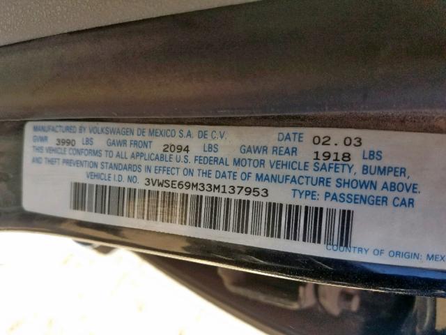 3VWSE69M33M137953 - 2003 VOLKSWAGEN JETTA GLS GRAY photo 10