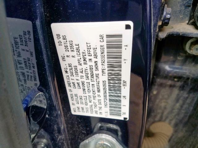 1HGCP26809A050505 - 2009 HONDA ACCORD EXL BLUE photo 10