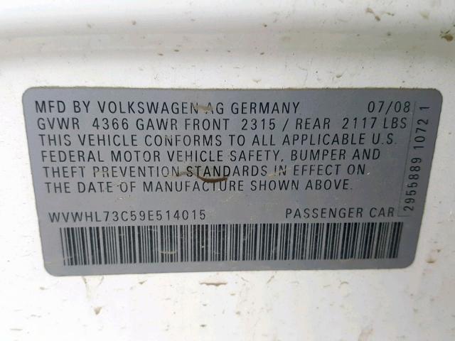 WVWHL73C59E514015 - 2009 VOLKSWAGEN CC LUXURY WHITE photo 10