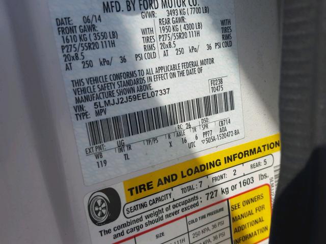 5LMJJ2J59EEL07337 - 2014 LINCOLN NAVIGATOR 白色 照片 10