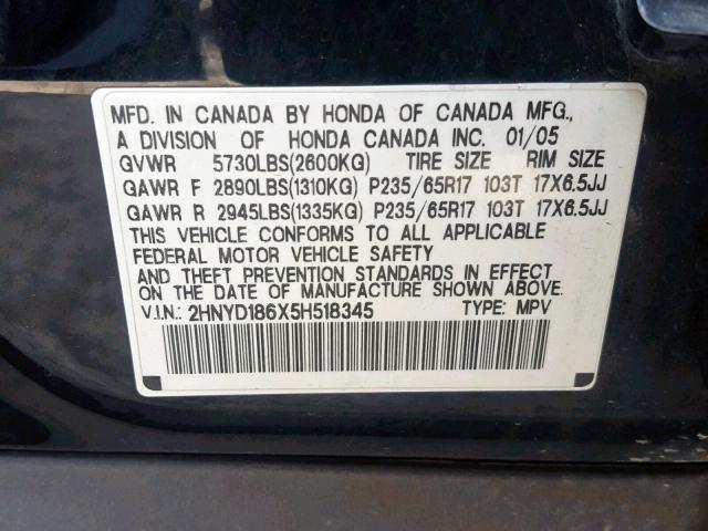 2HNYD186X5H518345 - 2005 ACURA MDX TOURIN BLACK photo 10