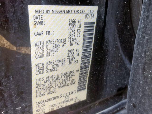 1N6BA0EC8EN511181 - 2014 NISSAN TITAN S BLACK photo 10