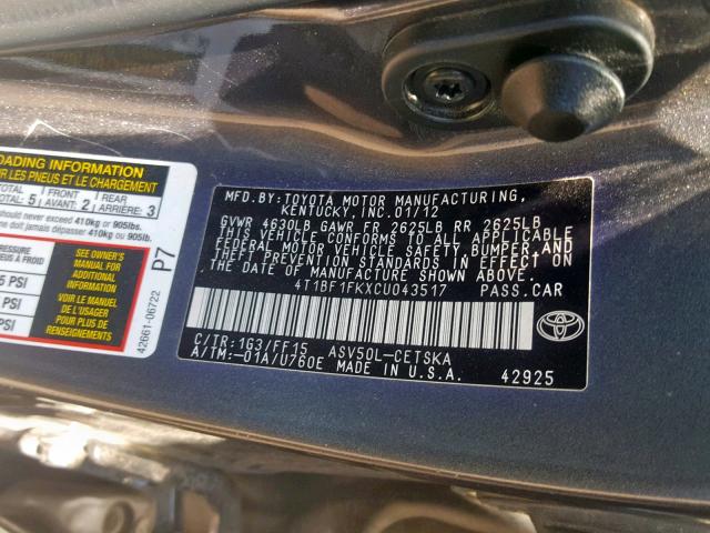 4T1BF1FKXCU043517 - 2012 TOYOTA CAMRY BASE CHARCOAL photo 10