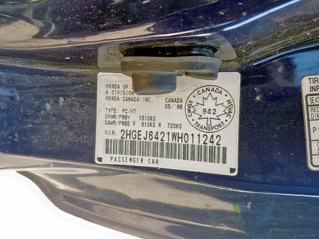 2HGEJ6421WH011242 - 1998 HONDA CIVIC CX BLUE photo 9