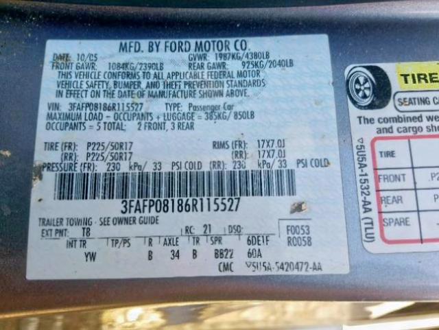 3FAFP08186R115527 - 2006 FORD FUSION SEL GRAY photo 10