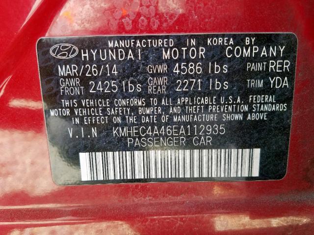 KMHEC4A46EA112935 - 2014 HYUNDAI SONATA HYB RED photo 10