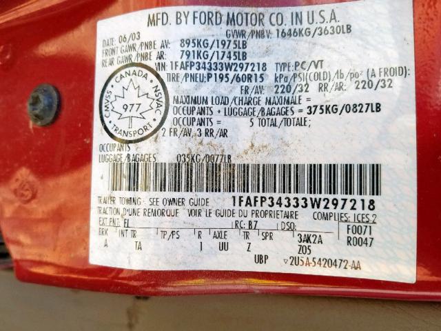 1FAFP34333W297218 - 2003 FORD FOCUS SE C RED photo 10