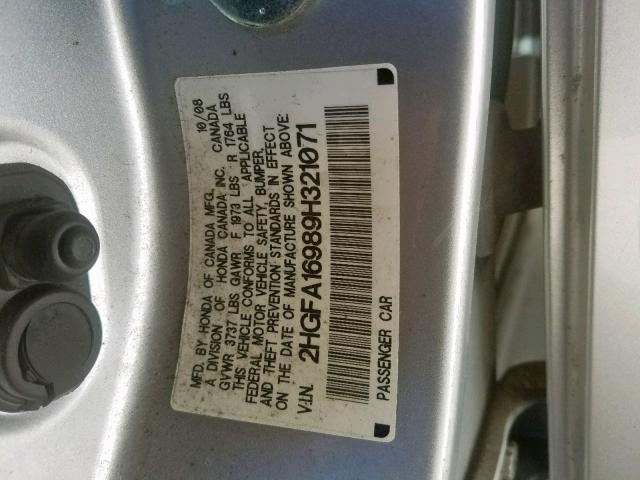 2HGFA16989H321071 - 2009 HONDA CIVIC EXL 银色 照片 10