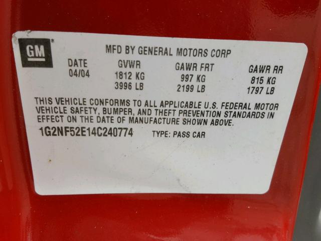 1G2NF52E14C240774 - 2004 PONTIAC GRAND AM S RED photo 10