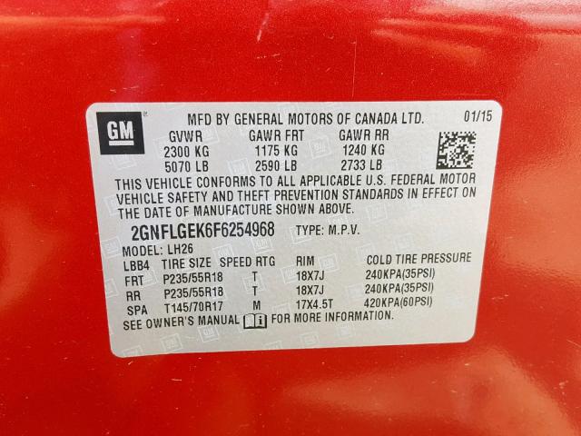 2GNFLGEK6F6254968 - 2015 CHEVROLET EQUINOX LT RED photo 10