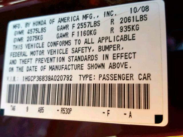 1HGCP36839A020792 - 2009 HONDA ACCORD EXL MAROON photo 10