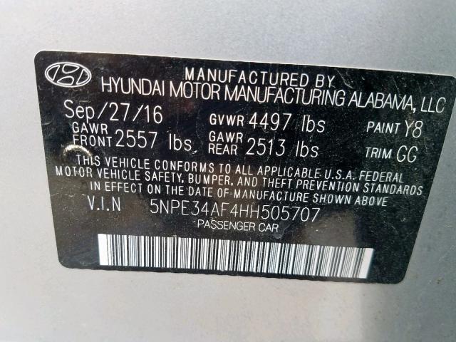 5NPE34AF4HH505707 - 2017 HYUNDAI SONATA SPO SILVER photo 10