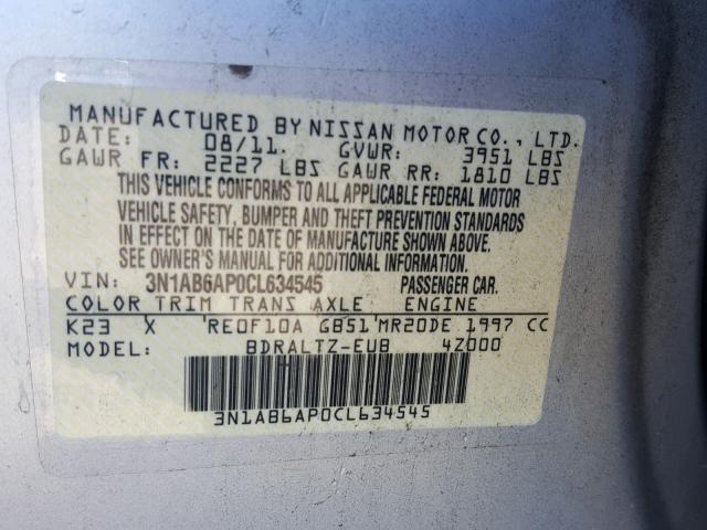 3N1AB6AP0CL634545 - 2012 NISSAN SENTRA 2.0 SILVER photo 10