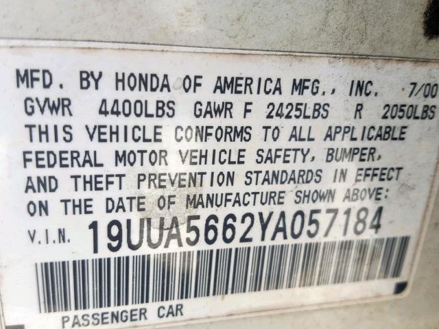 19UUA5662YA057184 - 2000 ACURA 3.2TL WHITE photo 10