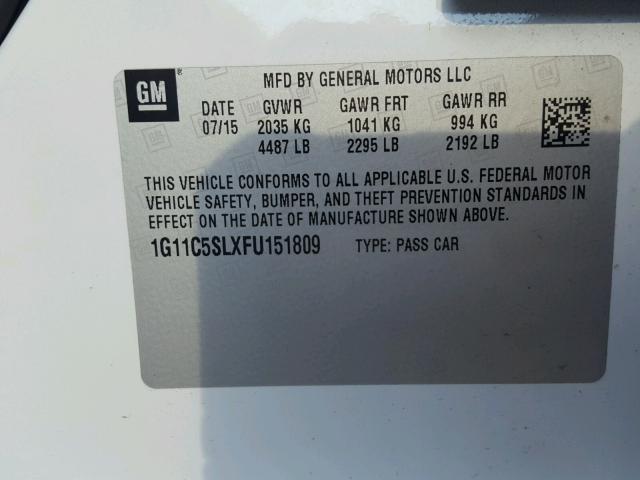 1G11C5SLXFU151809 - 2015 CHEVROLET MALIBU 1LT WHITE photo 10