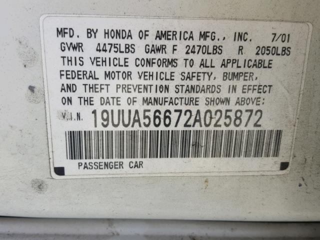 19UUA56672A025872 - 2002 ACURA 3.2TL WHITE photo 10