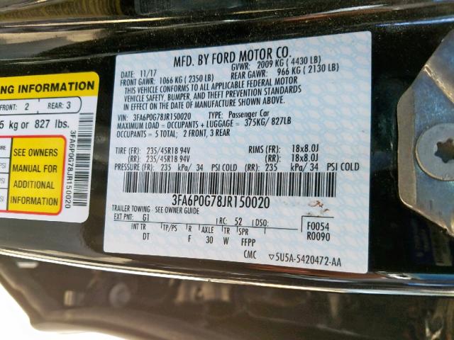 3FA6P0G78JR150020 - 2018 FORD FUSION S BLACK photo 10