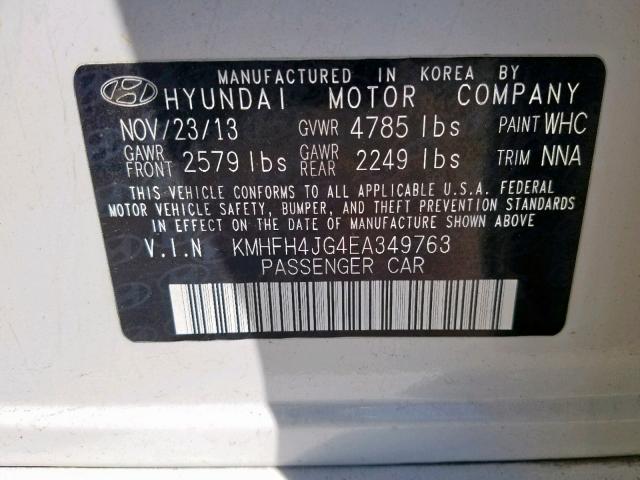 KMHFH4JG4EA349763 - 2014 HYUNDAI AZERA GLS WHITE photo 10