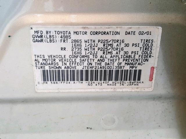 JTEHF21A910013587 - 2001 TOYOTA HIGHLANDER BEIGE photo 10