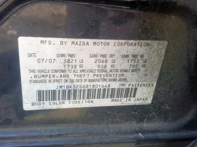 JM1BK32G681801648 - 2008 MAZDA 3 I BLACK photo 10