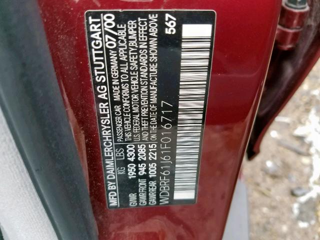 WDBRF61J61F016717 - 2001 MERCEDES-BENZ C 240 RED photo 10