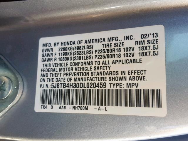 5J8TB4H30DL020459 - 2013 ACURA RDX SILVER photo 10