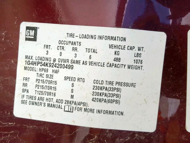 1G4HP54K924200499 - 2002 BUICK LESABRE CU BURGUNDY photo 10