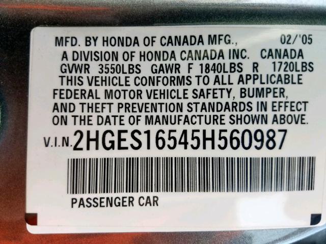 2HGES16545H560987 - 2005 HONDA CIVIC LX GRAY photo 10