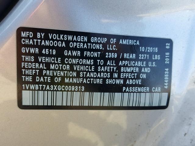 1VWBT7A3XGC009313 - 2016 VOLKSWAGEN PASSAT SE SILVER photo 10