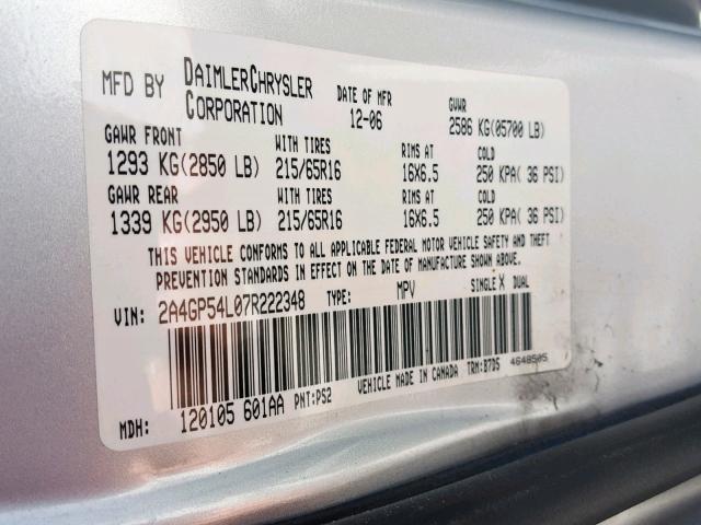 2A4GP54L07R222348 - 2007 CHRYSLER TOWN & COU 银色 照片 10