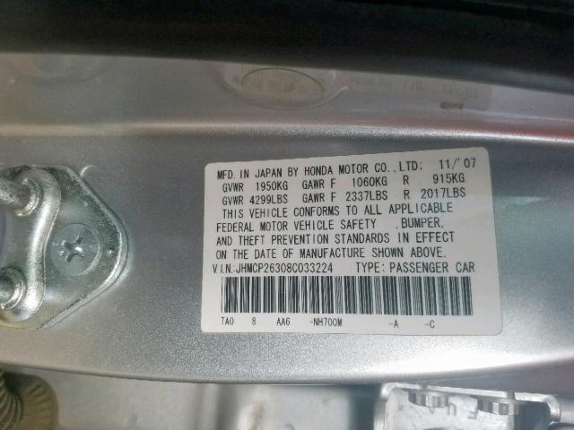 JHMCP26308C033224 - 2008 HONDA ACCORD LX SILVER photo 10