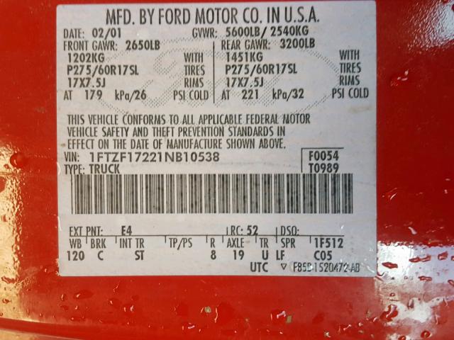 1FTZF17221NB10538 - 2001 FORD F150 RED photo 10