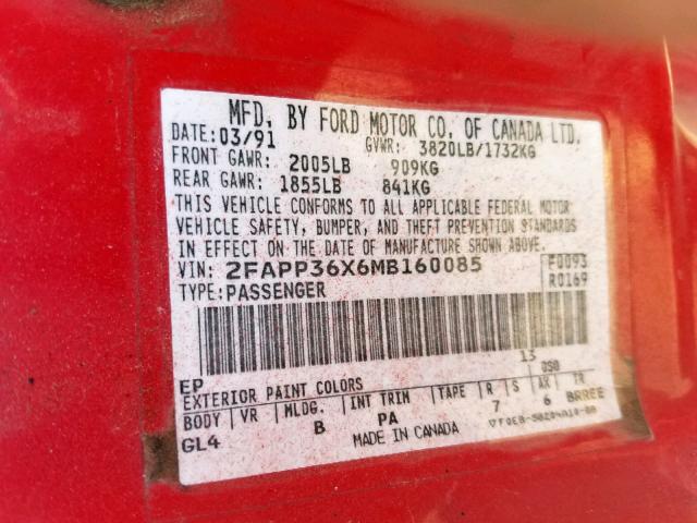 2FAPP36X6MB160085 - 1991 FORD TEMPO GL RED photo 10
