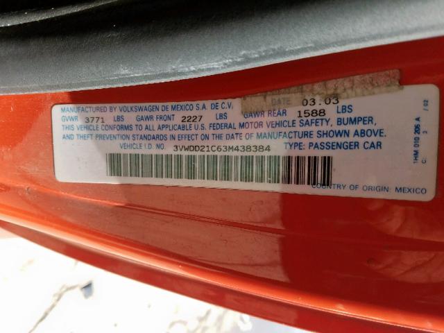 3VWDD21C63M438384 - 2003 VOLKSWAGEN NEW BEETLE ნარინჯისფერი ფოტო 10