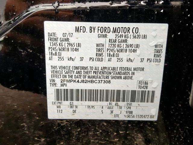 2FMPK4J82HBC37308 - 2017 FORD EDGE SEL BLACK photo 10