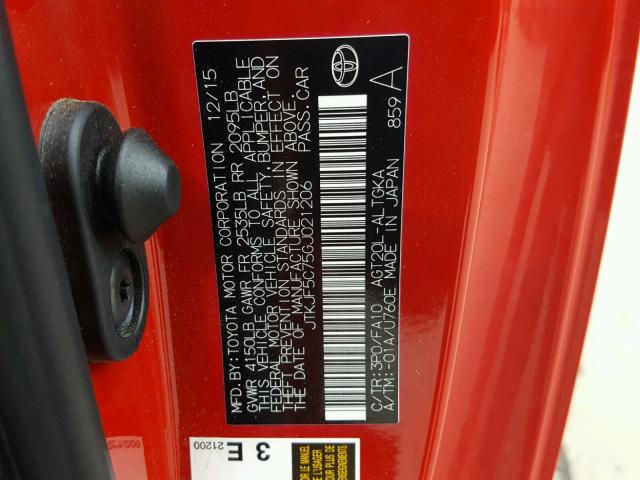 JTKJF5C75GJ021206 - 2016 TOYOTA SCION TC RED photo 10